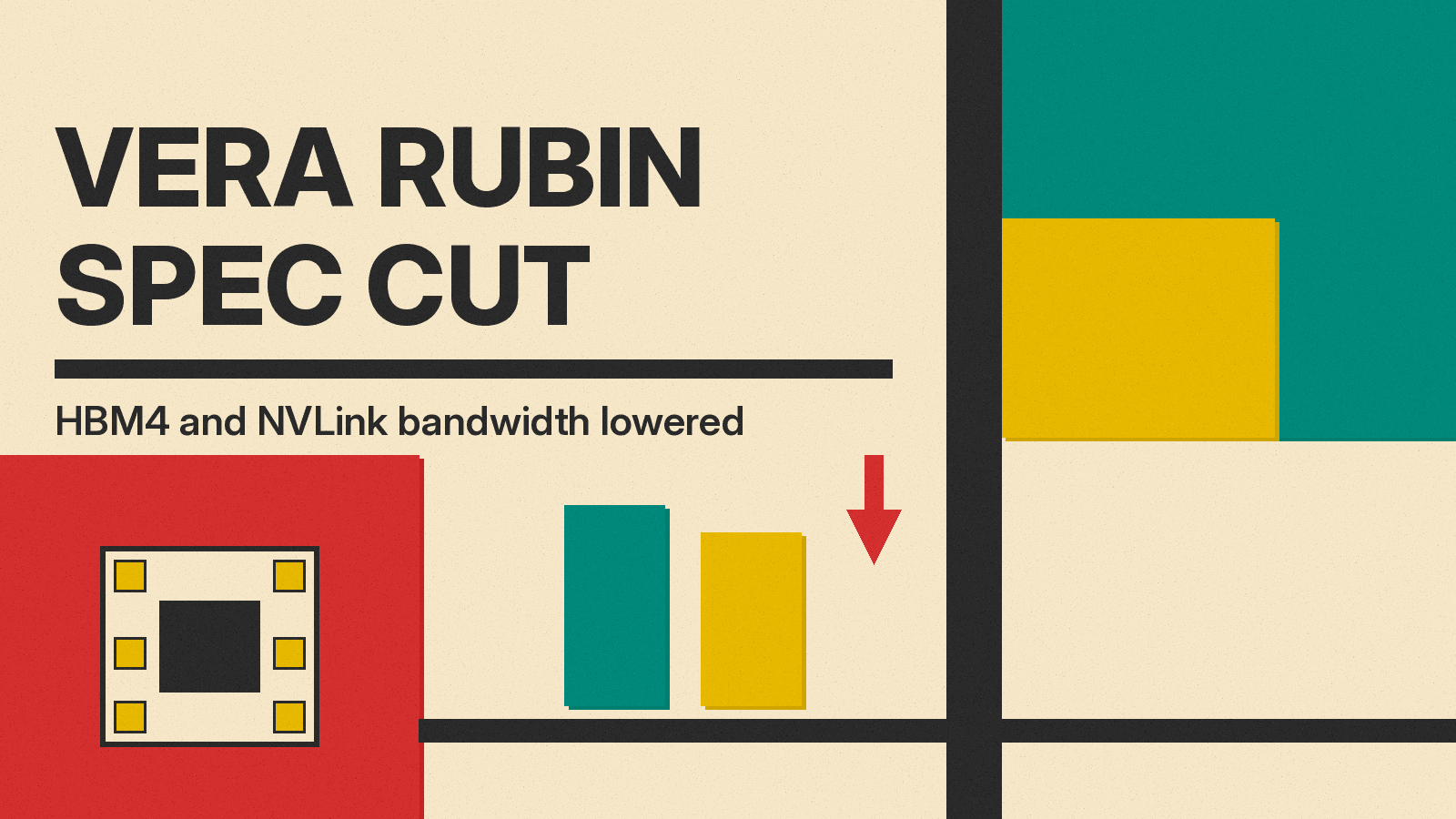 Olivetti-style cover reading Vera Rubin Spec Cut, with a GPU package, two bars and a down arrow in red, mustard and teal on cream