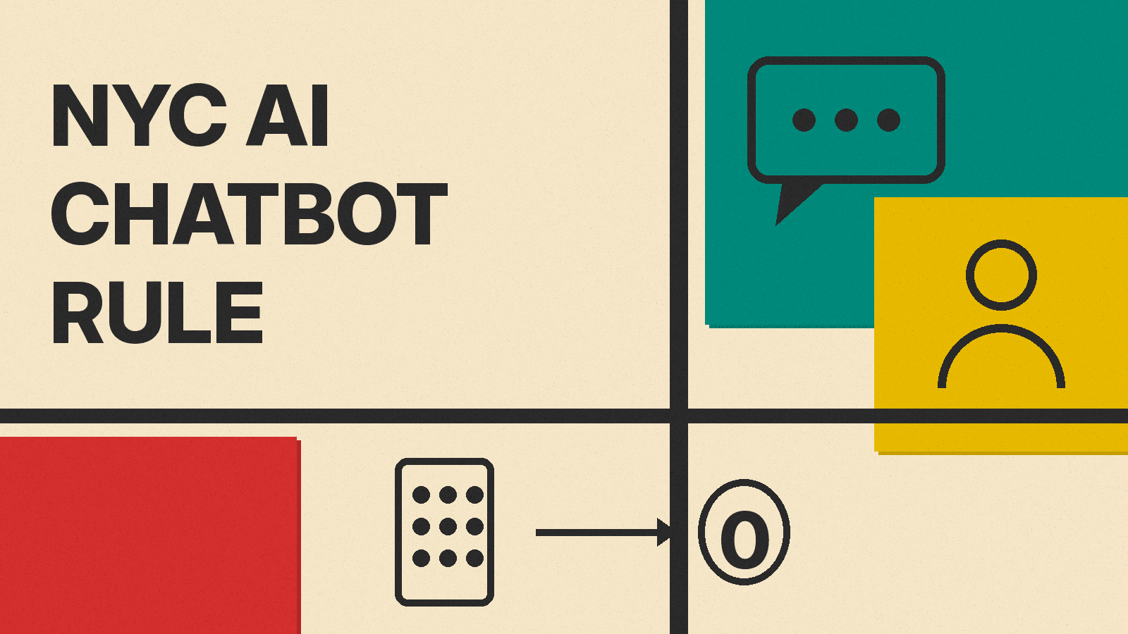 Olivetti-style poster with the title NYC AI CHATBOT RULE, a chat bubble, a person icon and a phone keypad pointing to the number 0