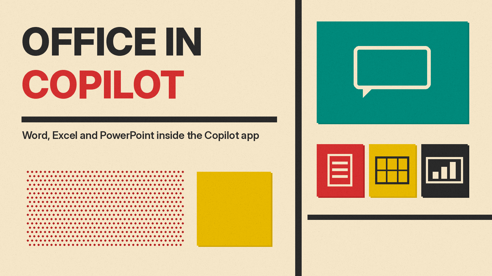 Olivetti-style cover reading OFFICE IN COPILOT, with a teal chat bubble block above document, spreadsheet and slide icons