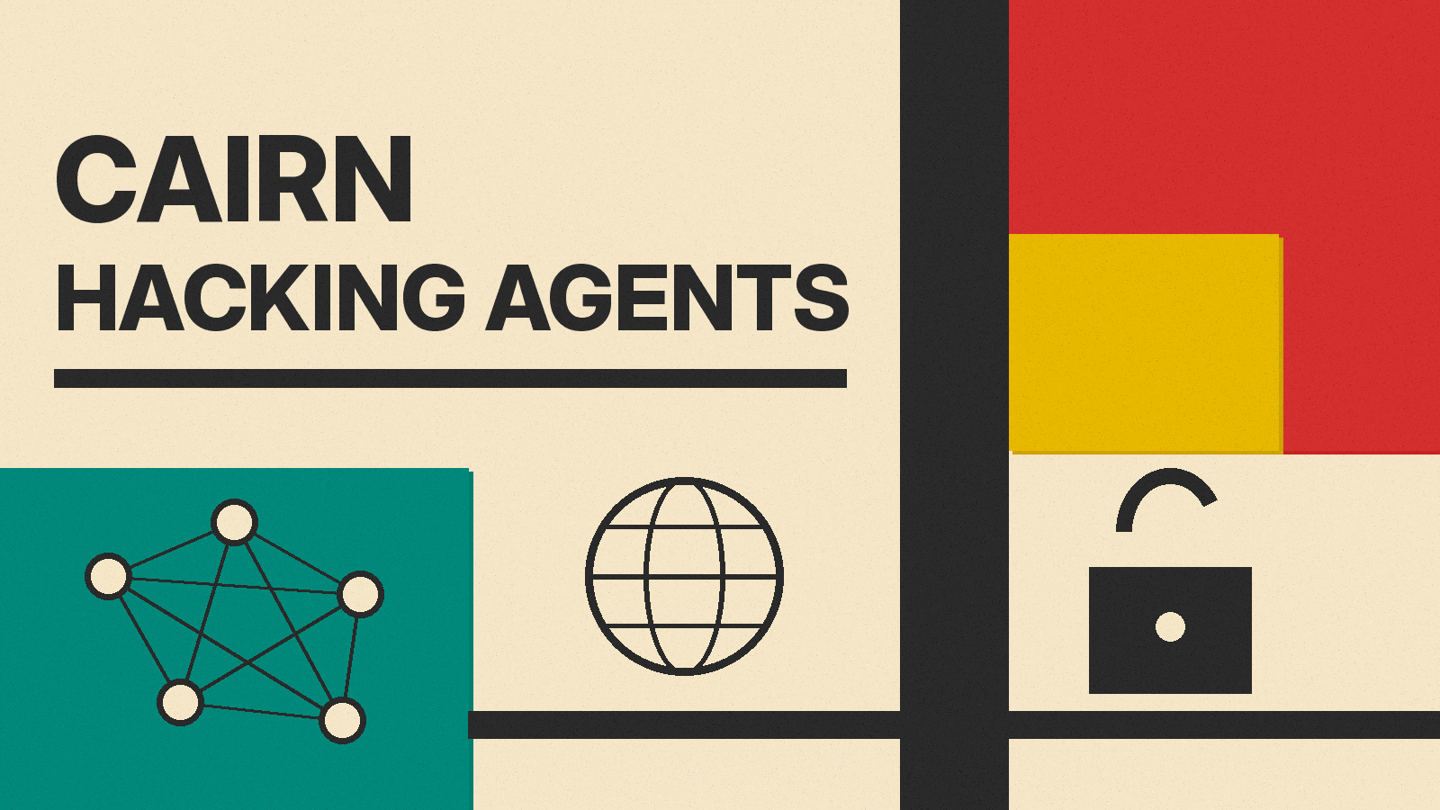 Olivetti-style cover reading CAIRN HACKING AGENTS, with icons of a network of connected nodes, a globe and an open padlock