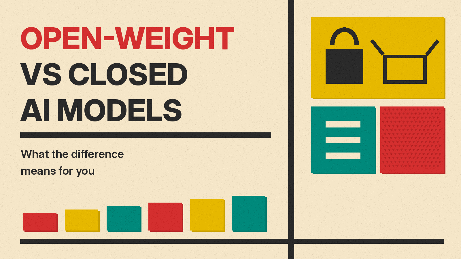 Olivetti-style cover reading OPEN-WEIGHT VS CLOSED AI MODELS on cream paper, with a padlock and an open box on a mustard block, teal lines and a red halftone block.