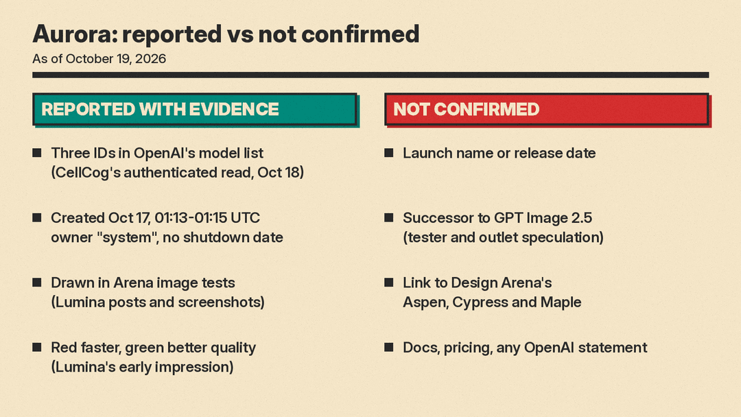 Two-column panel. Teal column, reported with evidence: IDs in OpenAI's model list, creation times, Arena image tests, Lumina's red vs green impression. Red column, not confirmed: launch name, successor claim, Design Arena link, docs and pricing