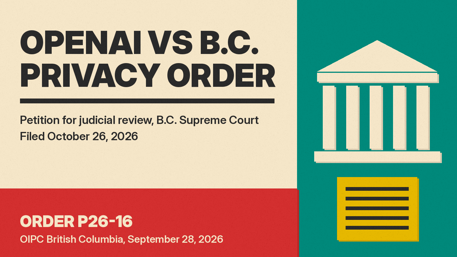 Olivetti-style poster titled OPENAI VS B.C. PRIVACY ORDER with a court column block and a document block on cream paper