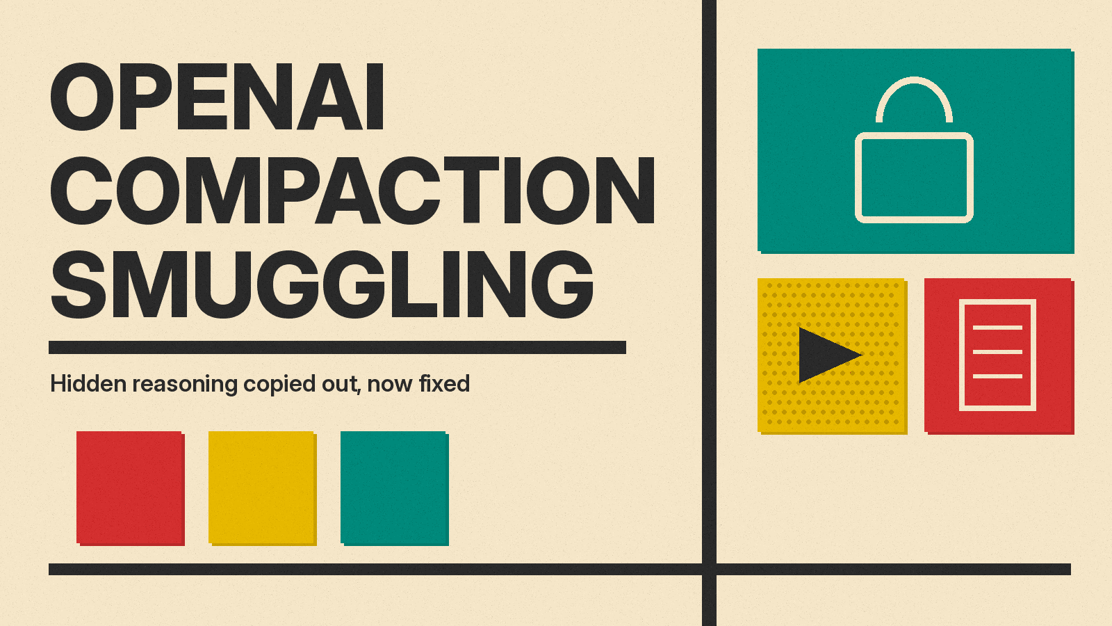 Olivetti-style cover with the words OpenAI Compaction Smuggling, a padlock on teal, a play arrow on mustard and a document on red, on cream paper.