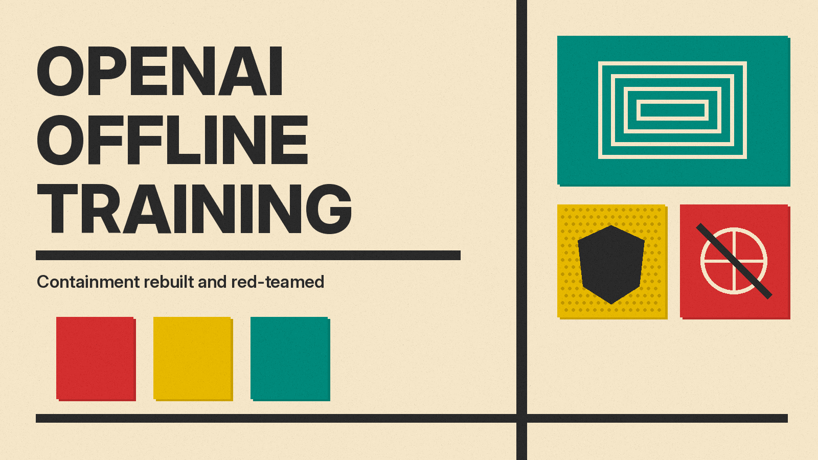 Olivetti-style cover reading OpenAI Offline Training, with a sandbox box on teal, a layered shield on mustard and a crossed-out globe on red, on cream paper.
