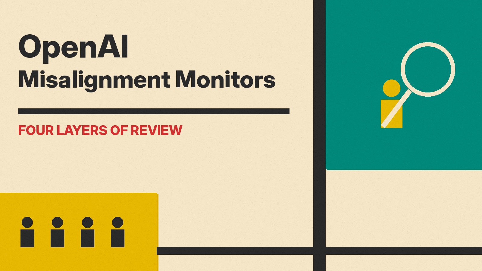 Olivetti-style illustration of a magnifying glass over an agent figure beside the words OpenAI Misalignment Monitors, four layers of review