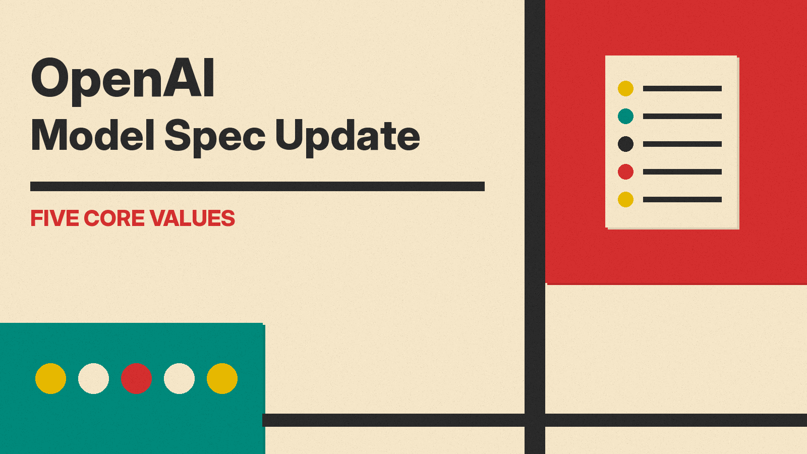 Olivetti-style illustration of a document with five colored bullet points beside the words OpenAI Model Spec Update, five core values