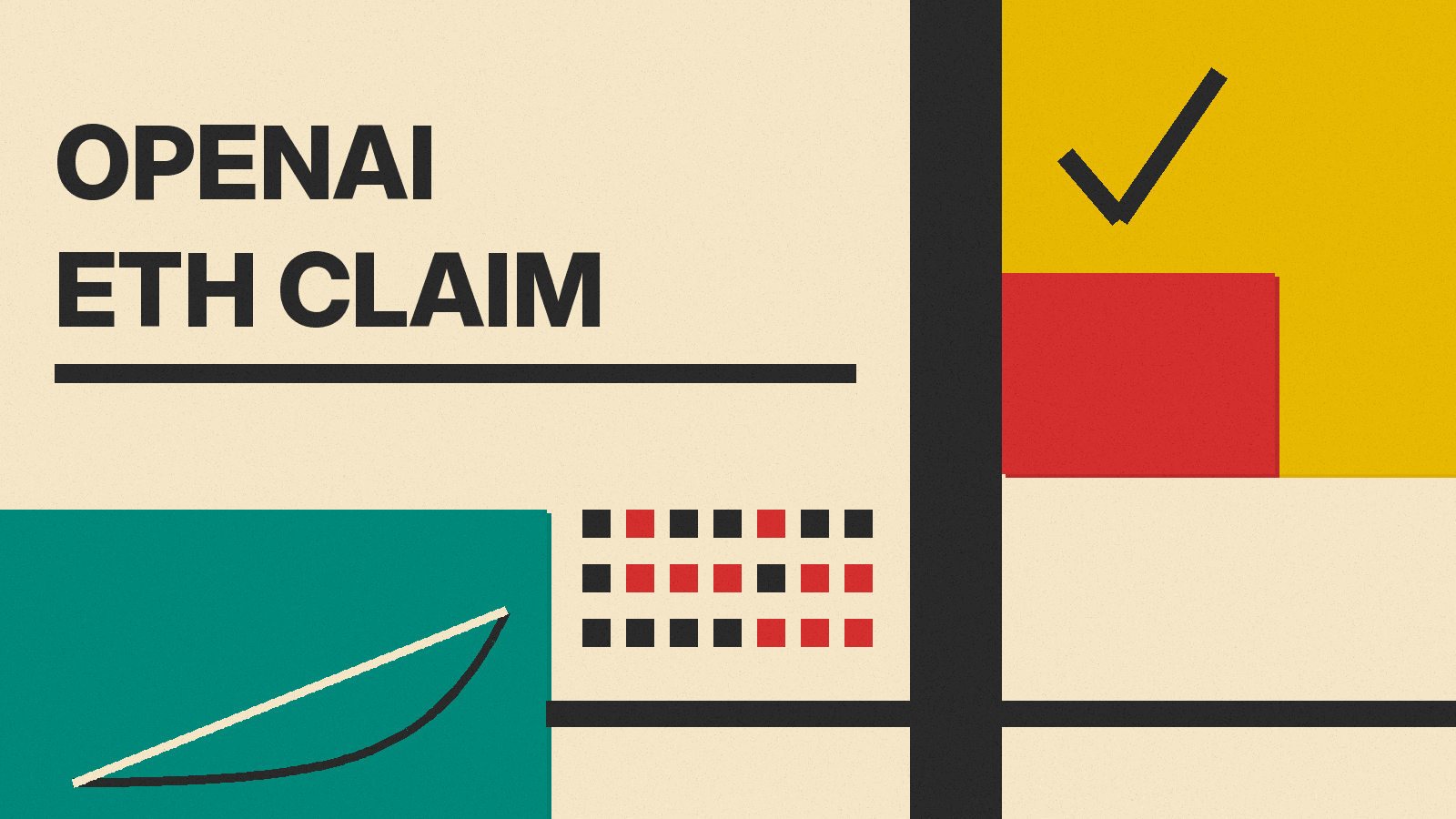 Olivetti-style cover reading OPENAI ETH CLAIM with flat red, mustard and teal blocks, a check mark, a grid of small squares and two curves
