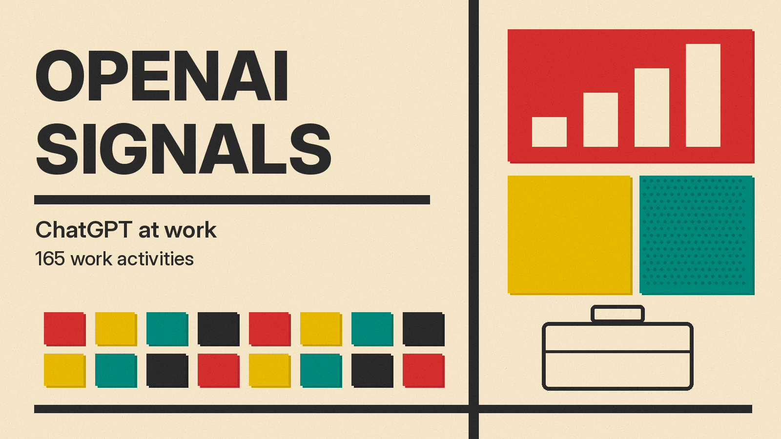 Olivetti-style cover reading OPENAI SIGNALS with the subtitle ChatGPT at work, flat red, mustard and teal blocks on cream paper