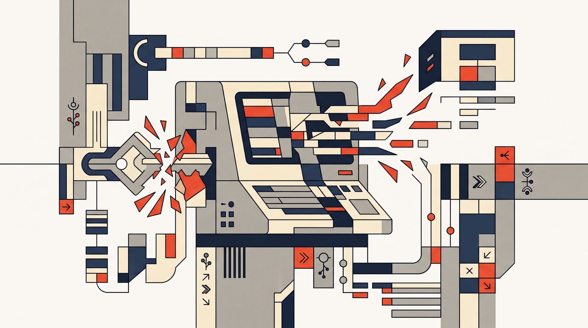 Flat geometric illustration of a computer terminal and a key breaking apart, for the OpenCode Console breach that may have exposed users' AI provider API keys