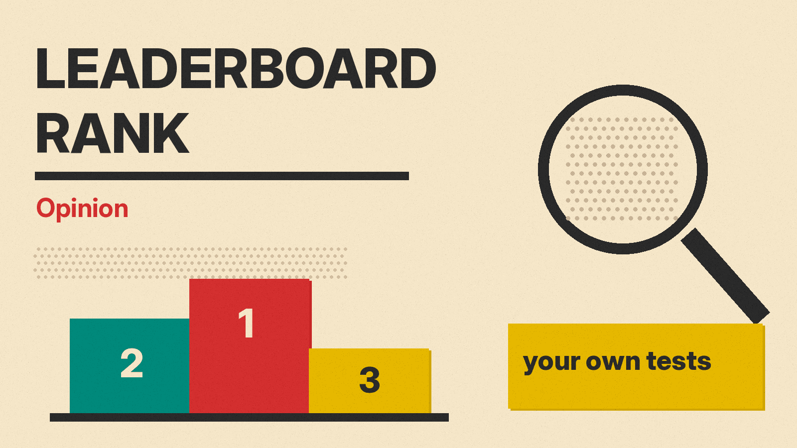 Olivetti-style cover reading Leaderboard Rank, Opinion, with a podium of colored blocks and a magnifying glass on cream paper