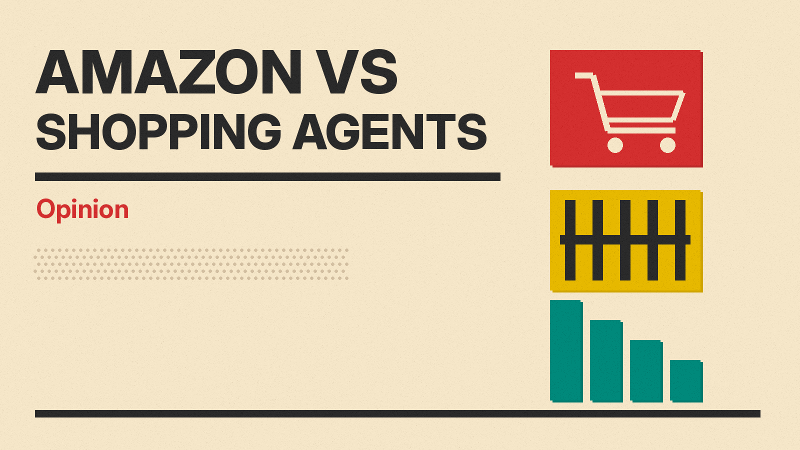 Olivetti-style cover reading Amazon vs Shopping Agents, Opinion, with a red shopping cart block, a mustard gate block and teal bars