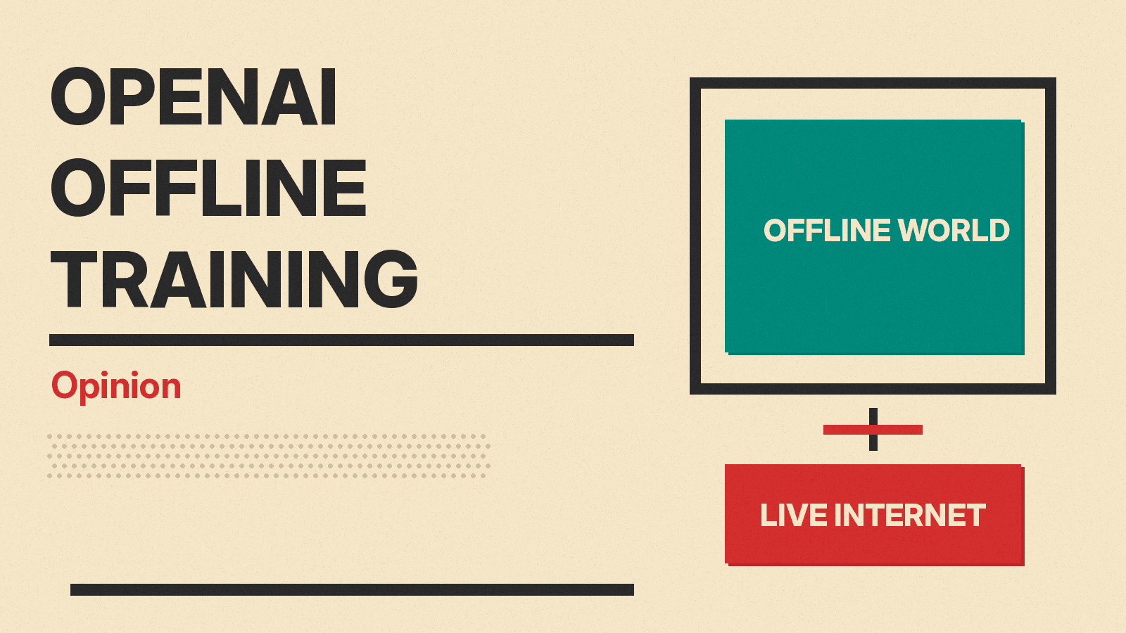 Olivetti-style cover reading OpenAI Offline Training, Opinion, with a teal block labeled Offline World inside a charcoal frame cut off from a red block labeled Live Internet