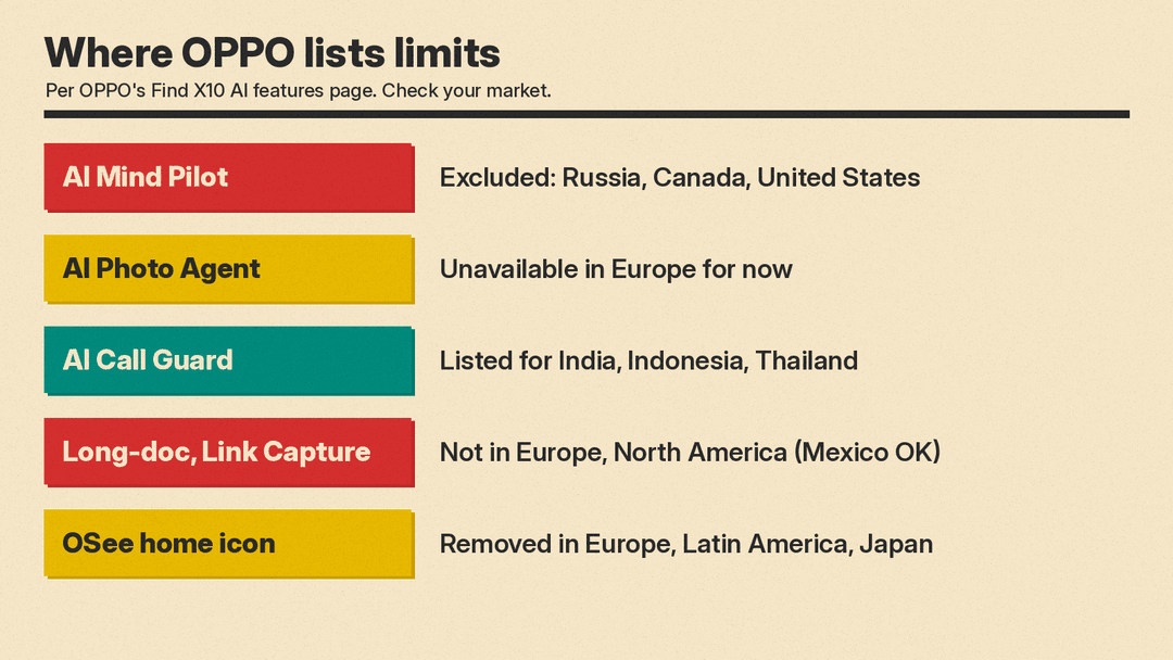 Panel of OPPO Find X10 AI features with regional limits, per OPPO's AI features page: AI Mind Pilot excluded in Russia, Canada and the US, AI Photo Agent unavailable in Europe, AI Call Guard listed for India, Indonesia and Thailand