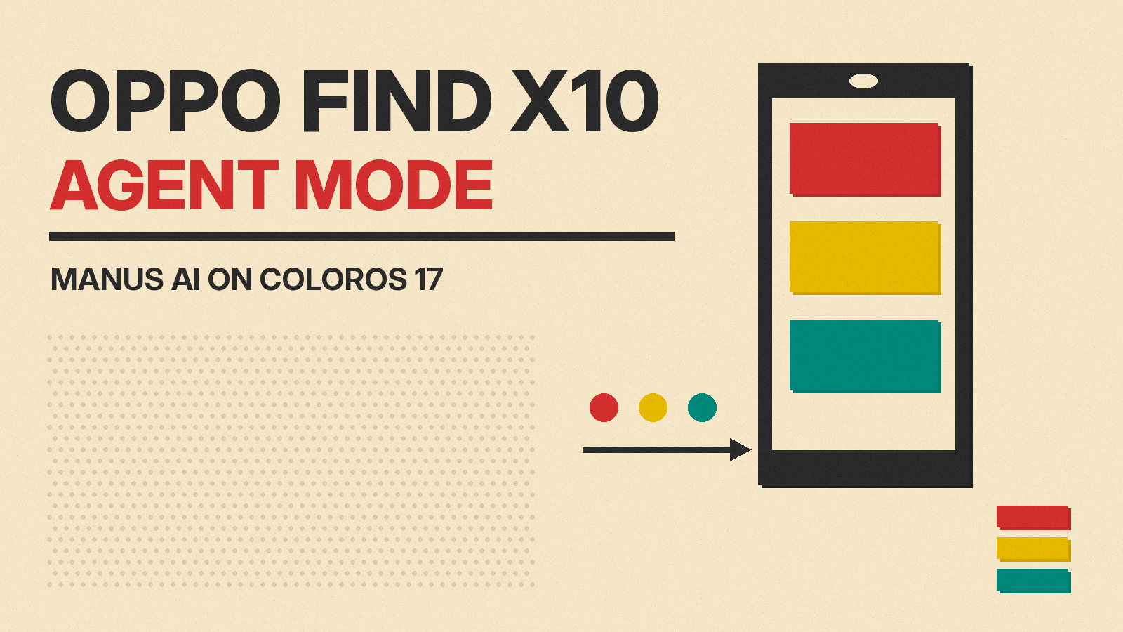 Olivetti style cover reading OPPO FIND X10 AGENT MODE, MANUS AI ON COLOROS 17, with a phone made of red, mustard and teal blocks on cream paper