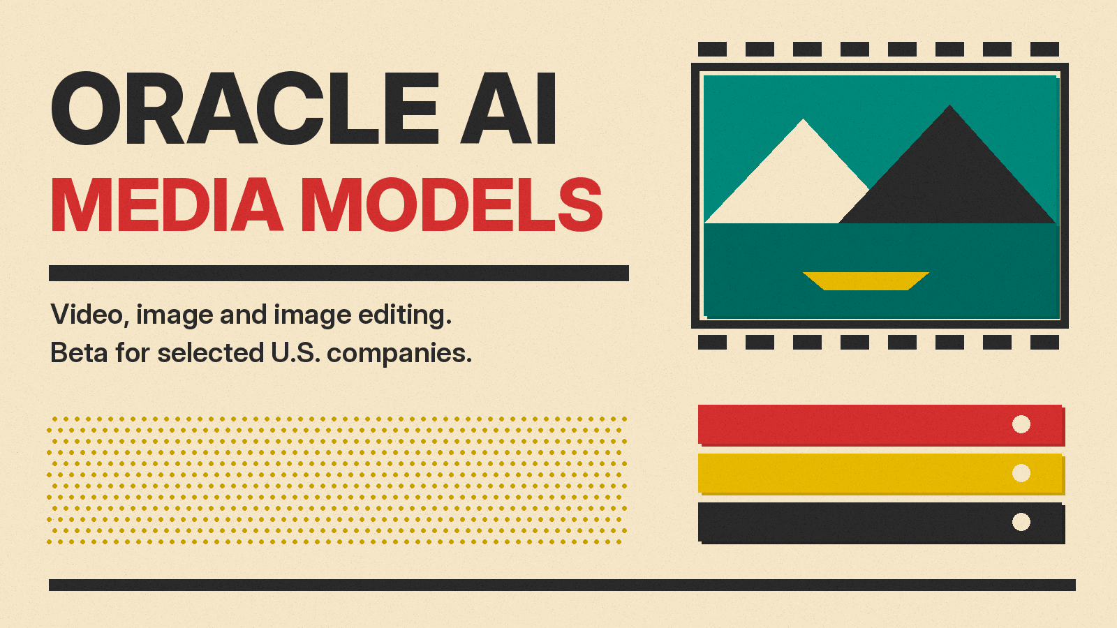 Olivetti-style cover reading Oracle AI Media Models, with a film frame, a mountain lake scene and a cloud server block on cream paper