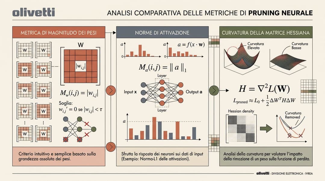 Mathematical comparison of weight pruning metrics: magnitude, input activations, and second-order Hessian curvature