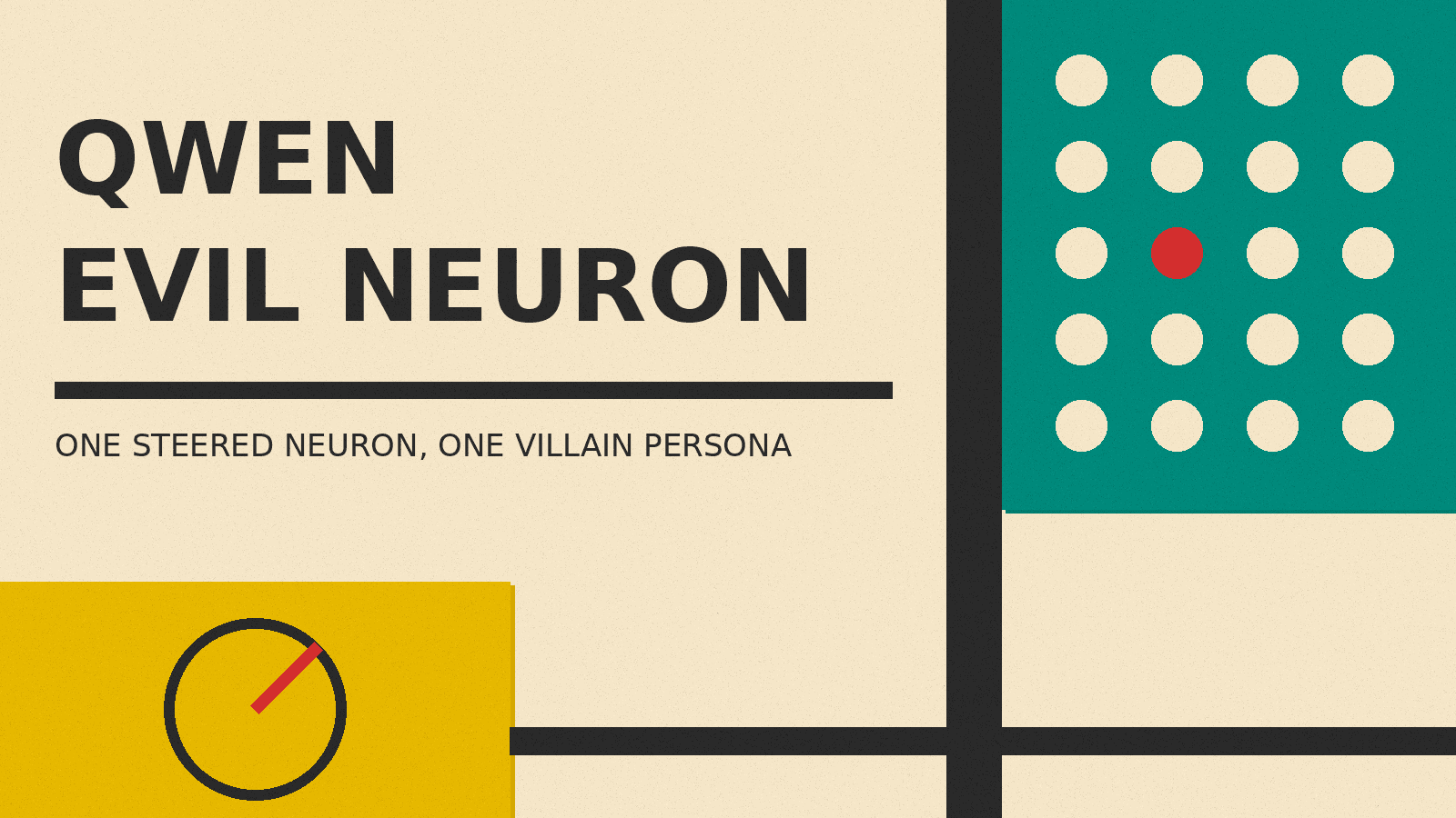 Olivetti-style cover reading QWEN EVIL NEURON with a grid of circles, one in red, and a dial