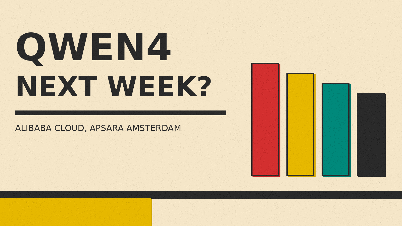 Olivetti-style cover reading QWEN4 NEXT WEEK? and ALIBABA CLOUD, APSARA AMSTERDAM, with four flat bars in red, mustard, teal and charcoal on cream paper