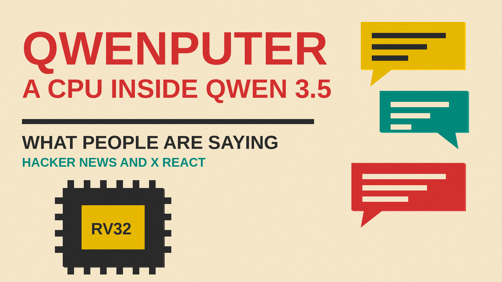 Olivetti-style cover reading Qwenputer, A CPU Inside Qwen 3.5, What People Are Saying, with a chip icon and speech bubbles