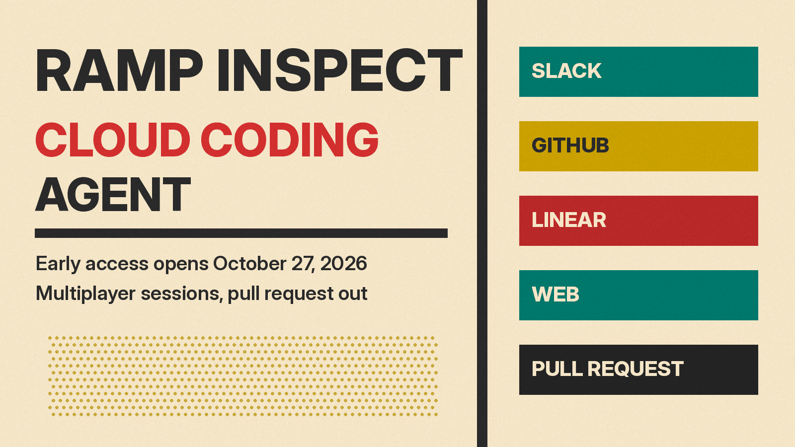 Olivetti-style poster reading Ramp Inspect, Cloud Coding Agent, with Slack, GitHub, Linear and Web blocks leading to a Pull Request block on cream paper.