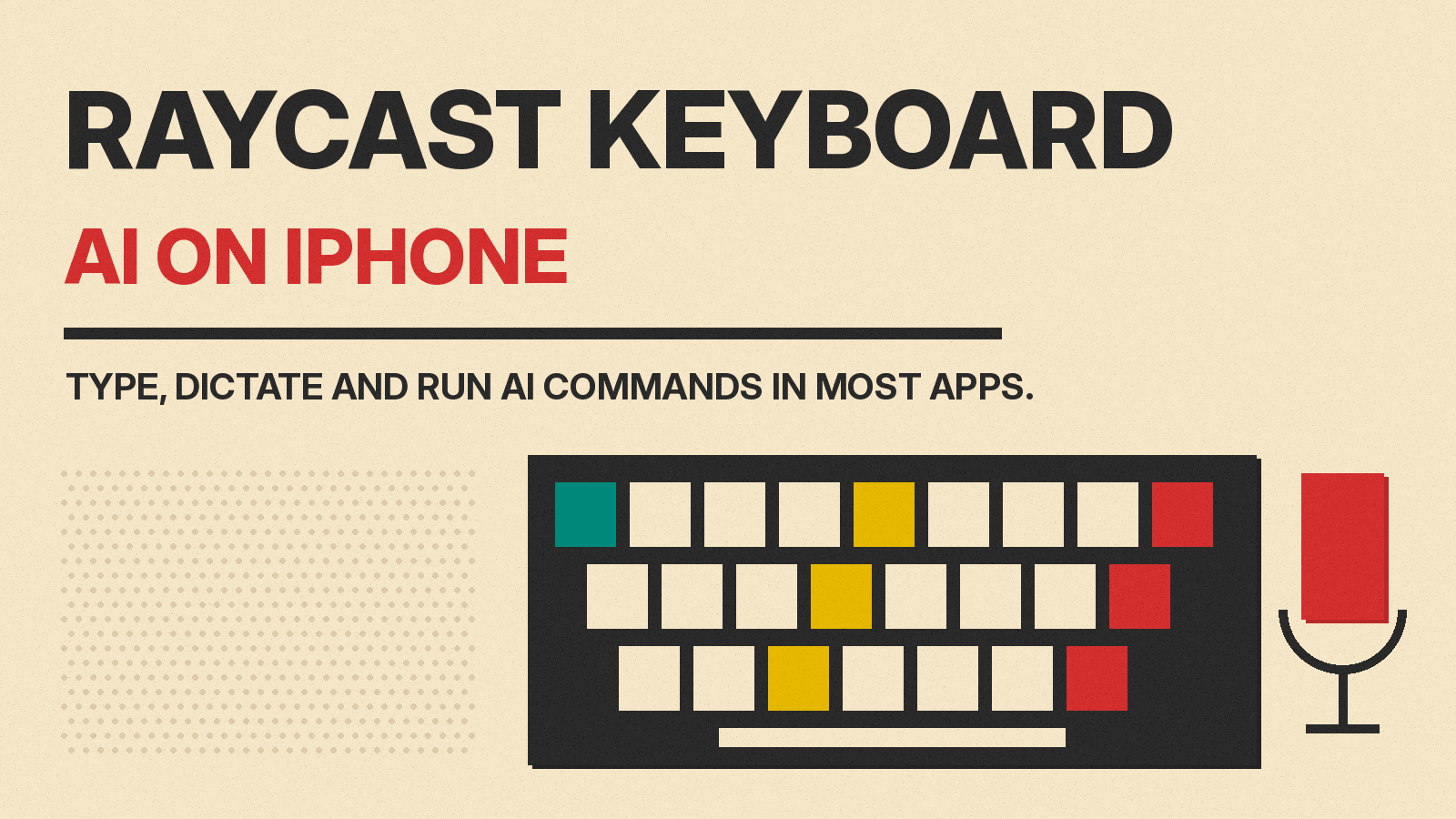 Olivetti-style cover with the title RAYCAST KEYBOARD, AI ON IPHONE, showing flat key blocks and a microphone shape on cream paper