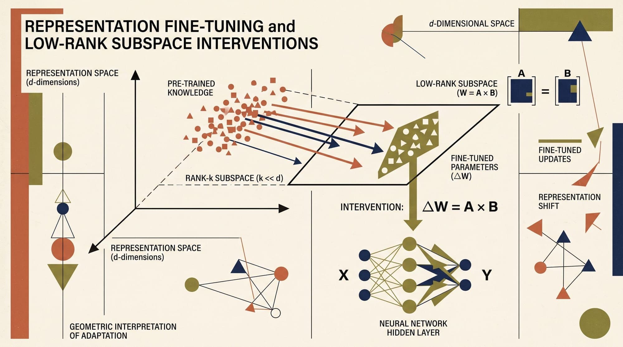 Representation Fine-Tuning (ReFT): Mathematical Foundations, Low-Rank Linear Subspaces, Intervention Operations, and Parameter-Efficient Representation Editing in Large Language Models