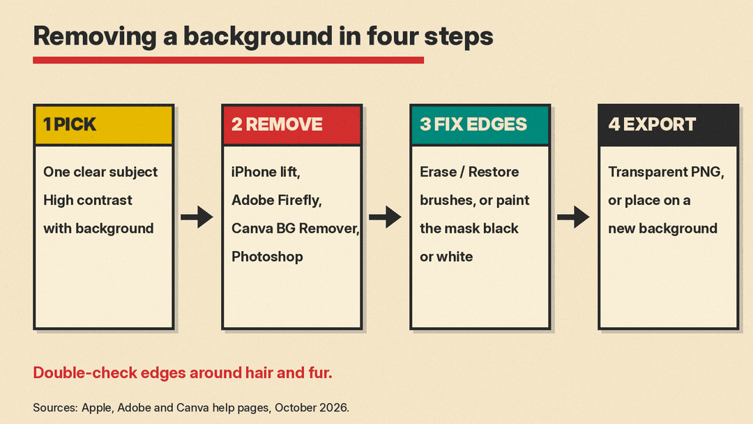 Diagram of four steps: pick a photo with one clear subject, remove the background (iPhone, Adobe Firefly, Canva, Photoshop), fix the edges, then export a transparent PNG or place it on a new background