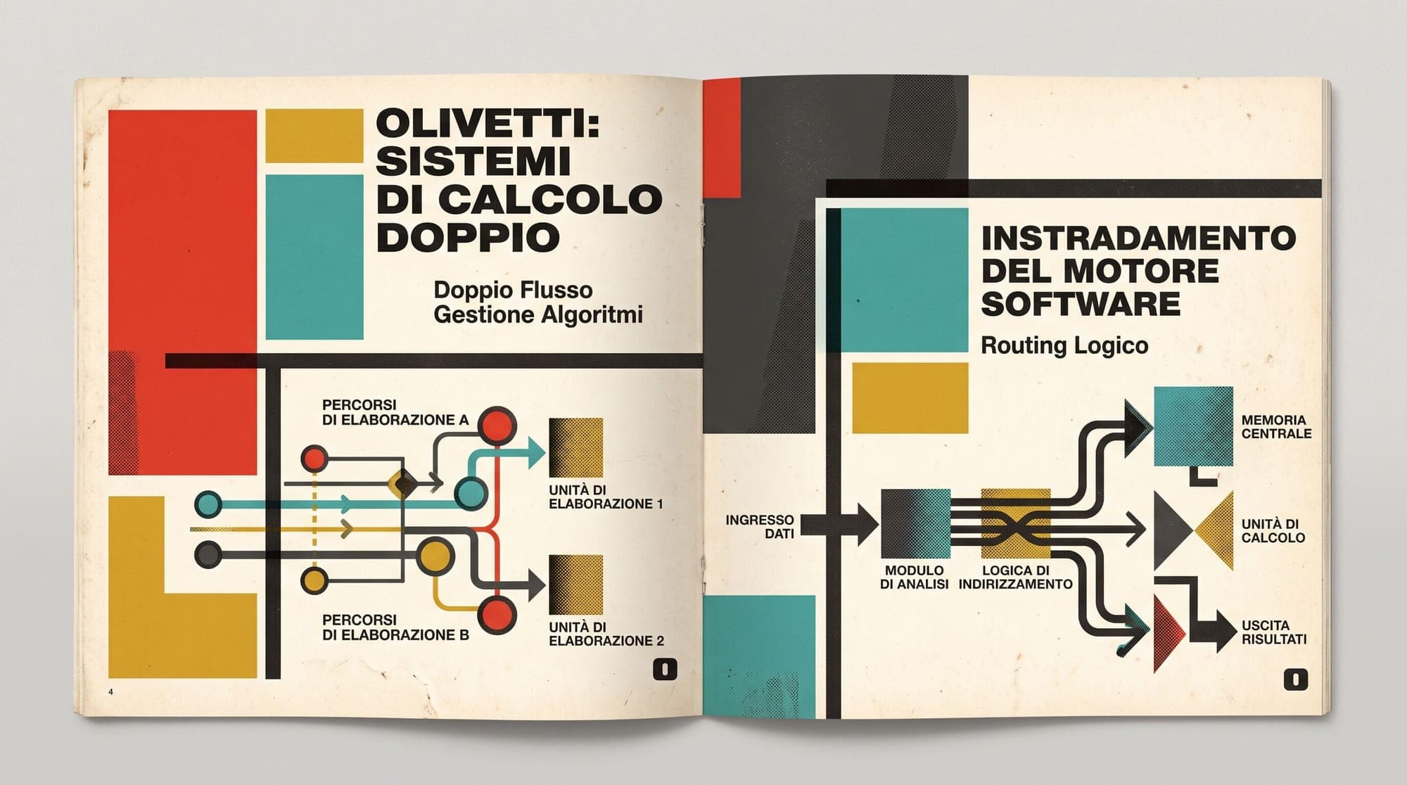 Olivetti-style brochure spread with flow diagrams of processing paths and a software routing engine, illustrating Replit Agent's default model provider switch