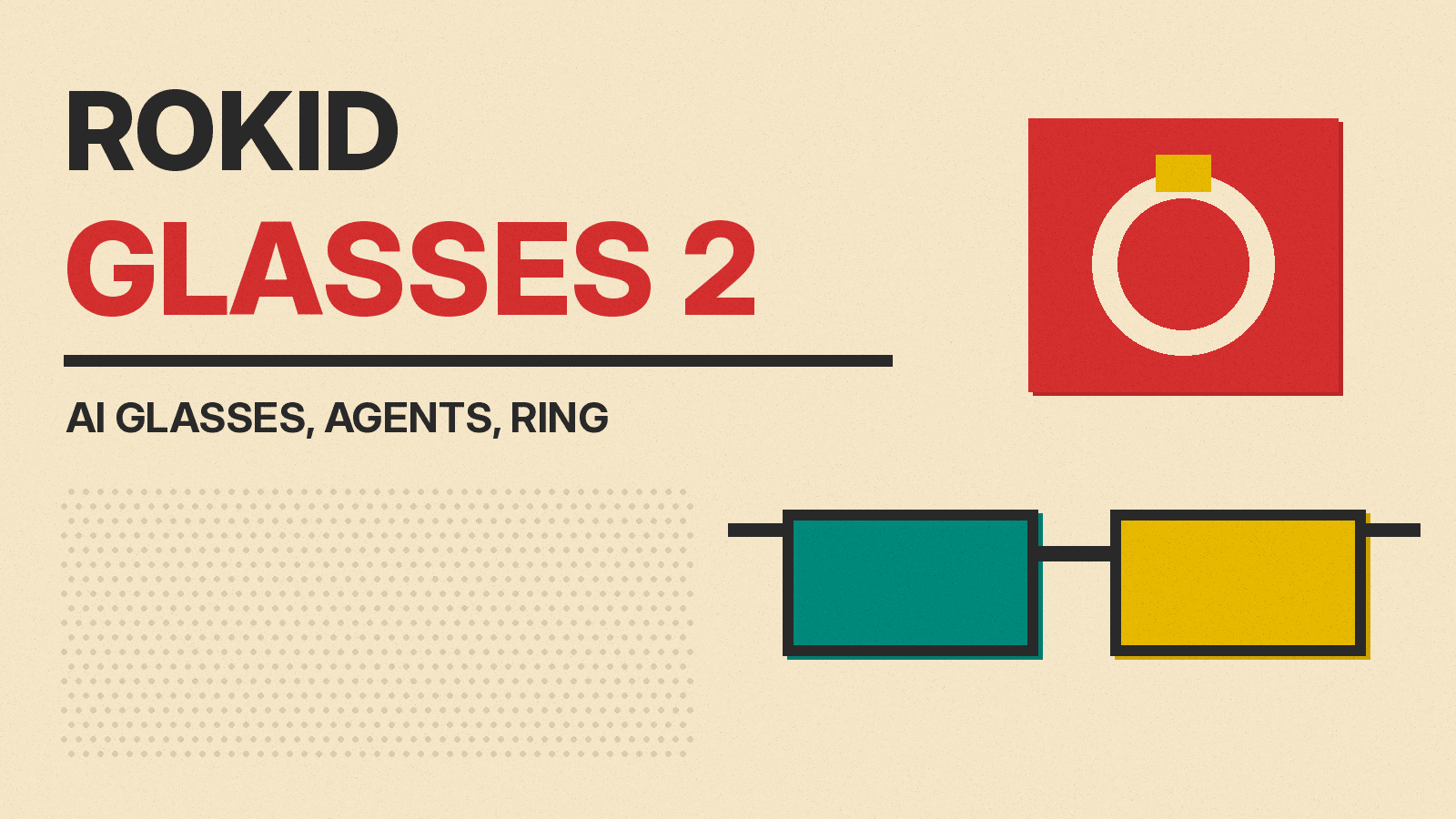 Olivetti style cover reading ROKID GLASSES 2, with a pair of glasses and a ring in red, mustard and teal blocks on cream paper