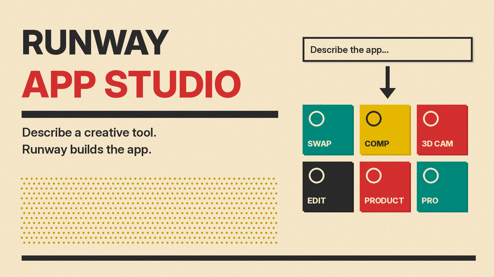Olivetti-style poster reading Runway App Studio, with colored app tiles, a text prompt bar and an arrow on cream paper