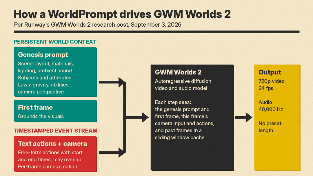 Diagram of the WorldPrompt format: a genesis prompt and first frame as persistent context, a timestamped event stream of text actions and camera motion, feeding GWM Worlds 2, which outputs 720p video at 24 fps and 48,000 Hz audio