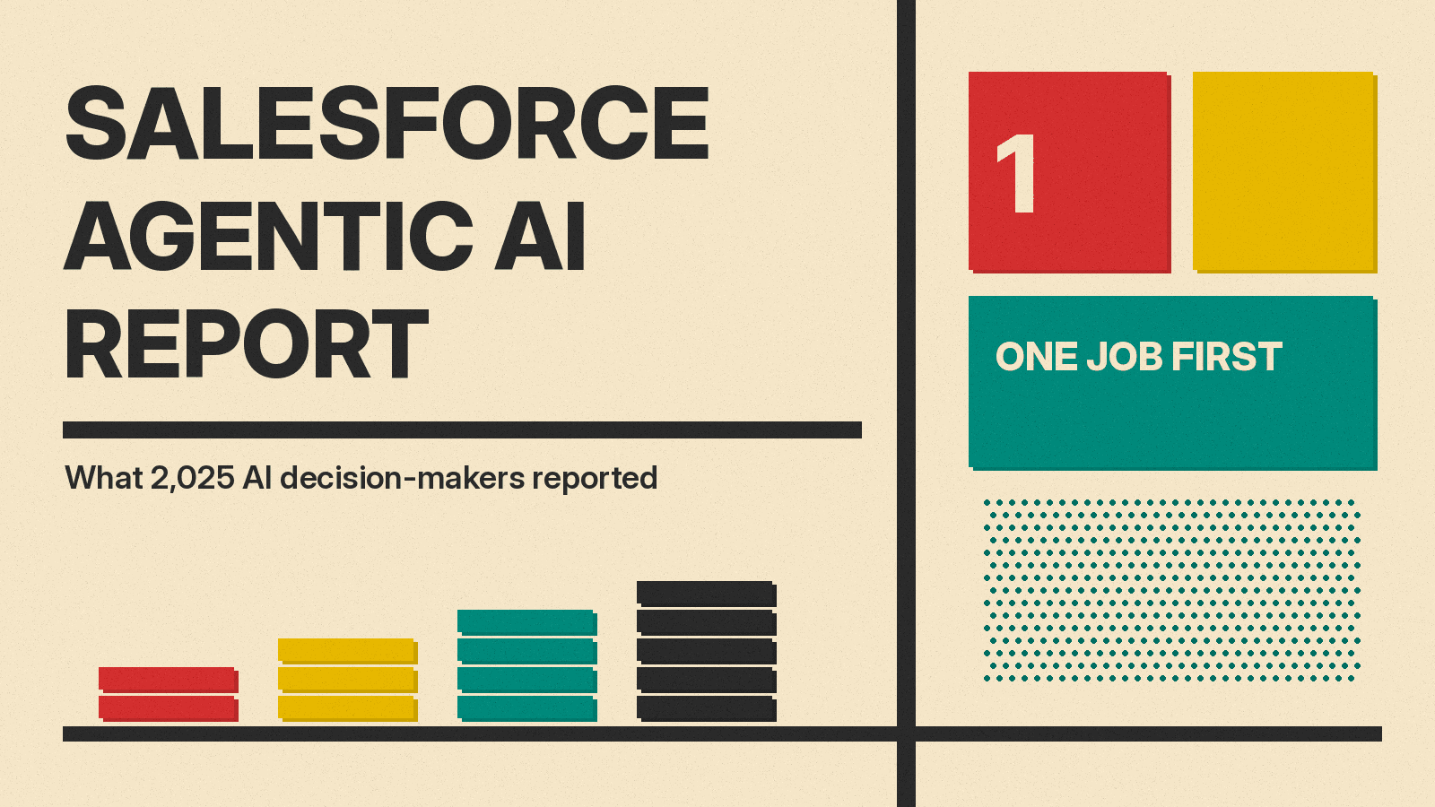 Olivetti-style cover reading Salesforce Agentic AI Report with red, mustard and teal blocks and a panel reading One Job First