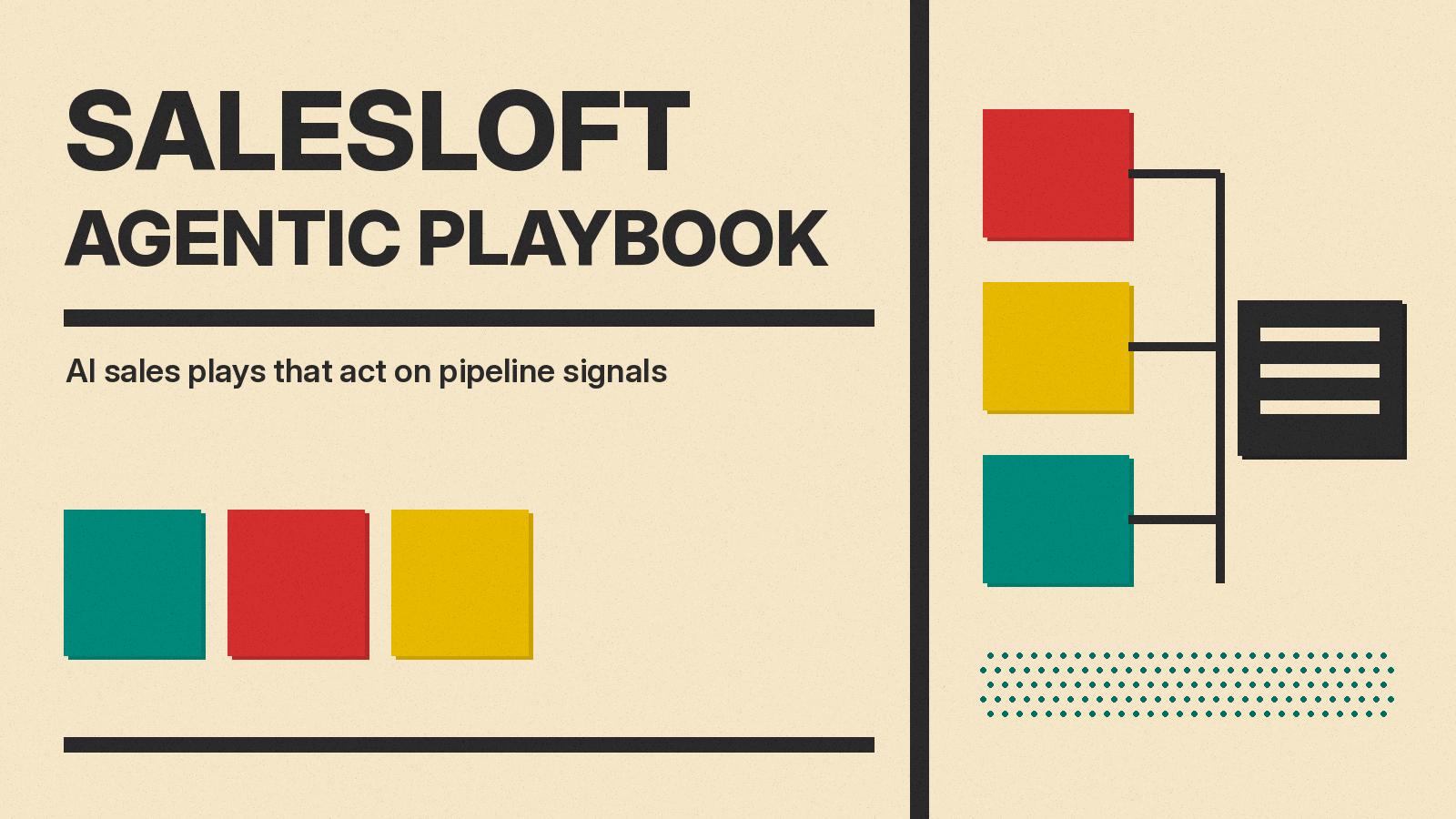 Olivetti-style cover reading Salesloft Agentic Playbook, with red, mustard and teal blocks linked by a charcoal line to a task card