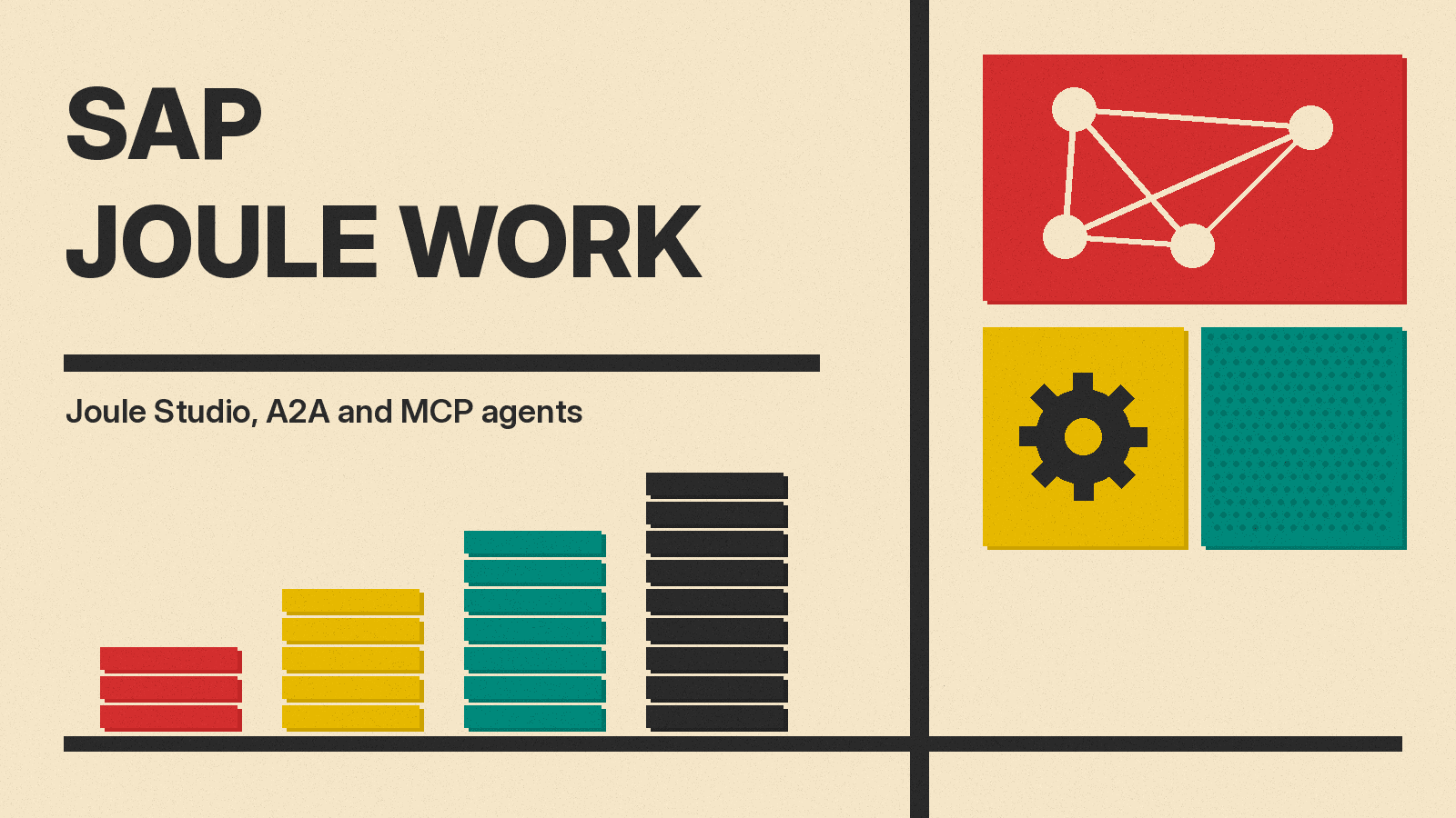 Olivetti-style cover reading SAP Joule Work with red, mustard and teal blocks and line icons of a gear and connected nodes