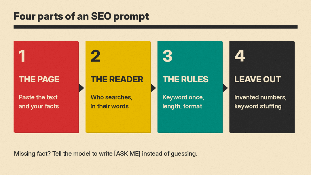 The four parts of an SEO prompt: the page or facts, the reader, the task rules, and what to leave out