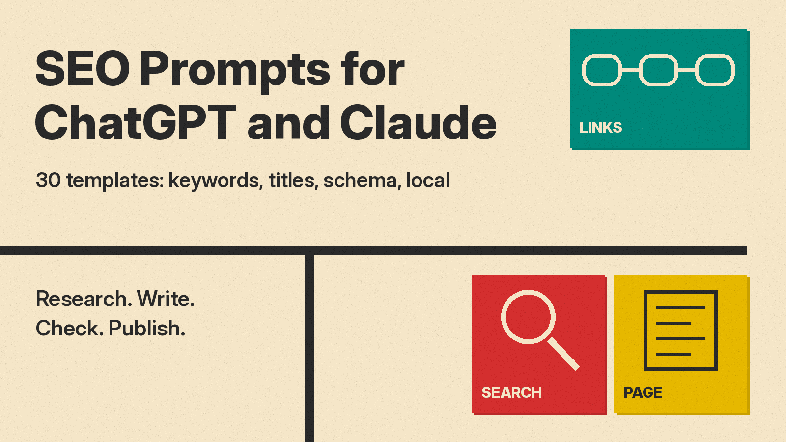 Olivetti-style cover: SEO Prompts for ChatGPT and Claude title on cream paper beside red, mustard and teal blocks with magnifier, page and chain link icons