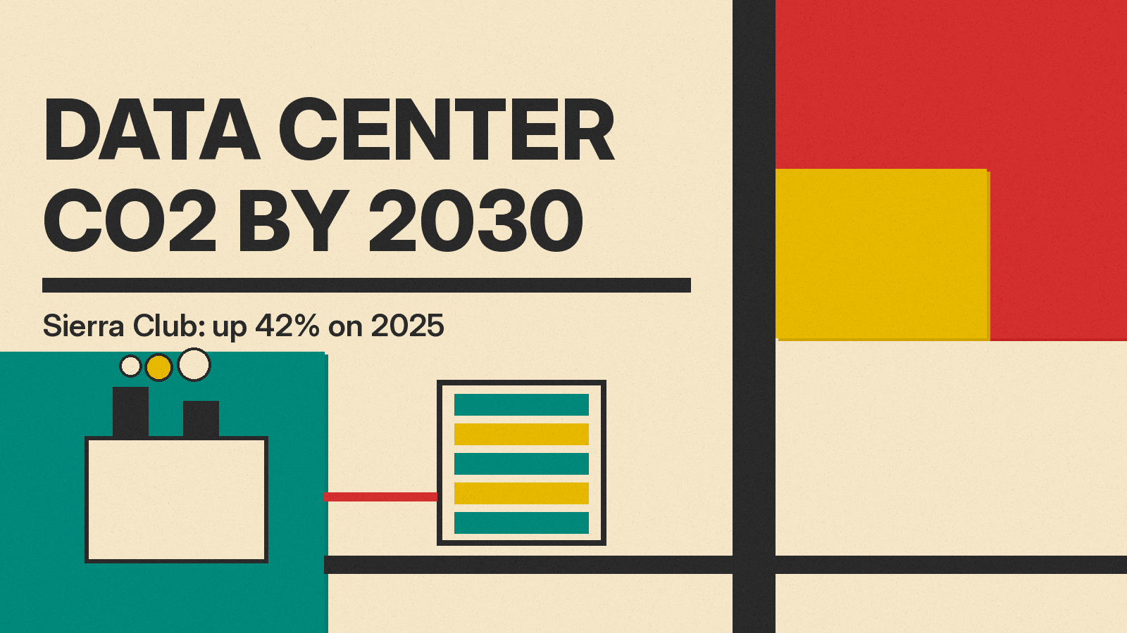 Olivetti-style cover reading Data Center CO2, with a gas plant smokestack and a server rack in red, mustard and teal on cream