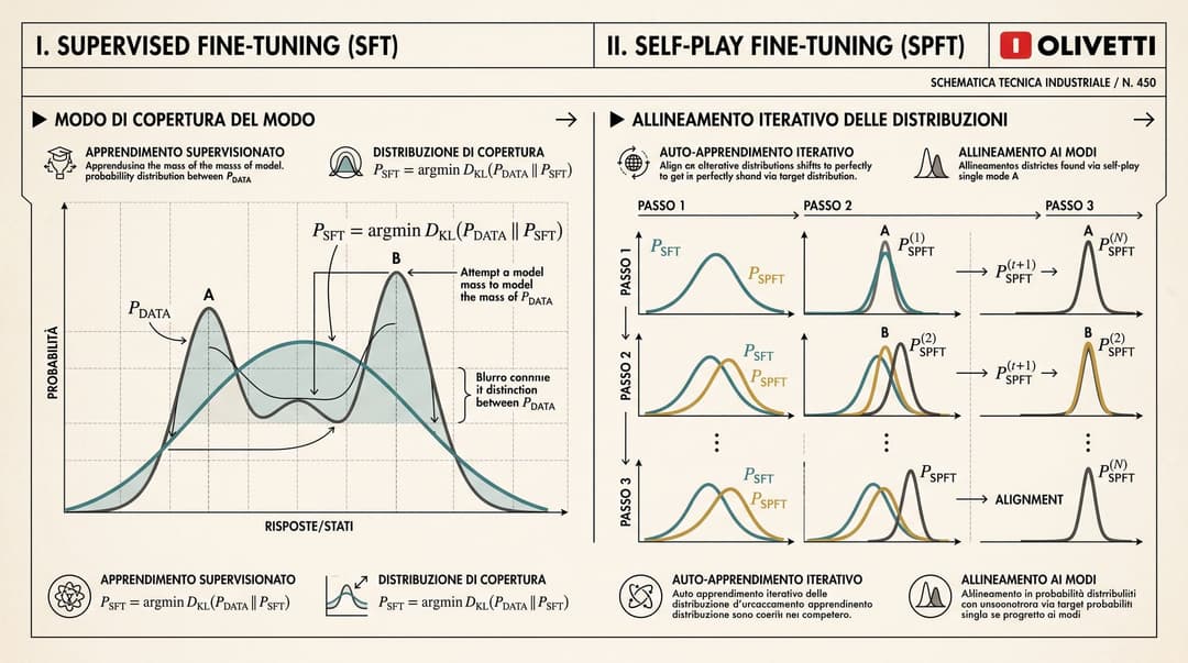 Comparison diagram showing SFT forward KL mode-covering behavior versus iterative SPIN distribution alignment and Nash equilibrium convergence