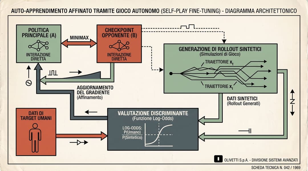 Mathematical architecture of Self-Play Fine-Tuning showing the two-player minimax game between the active policy and the opponent checkpoint