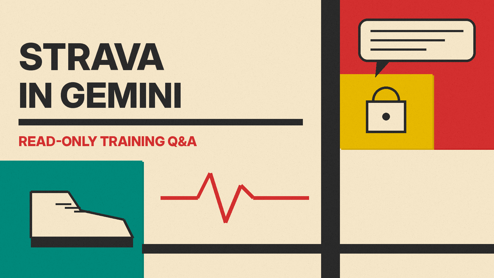 Olivetti-style cover reading STRAVA IN GEMINI, READ-ONLY TRAINING Q&A, with a running shoe, a heart-rate line and red, mustard and teal blocks.