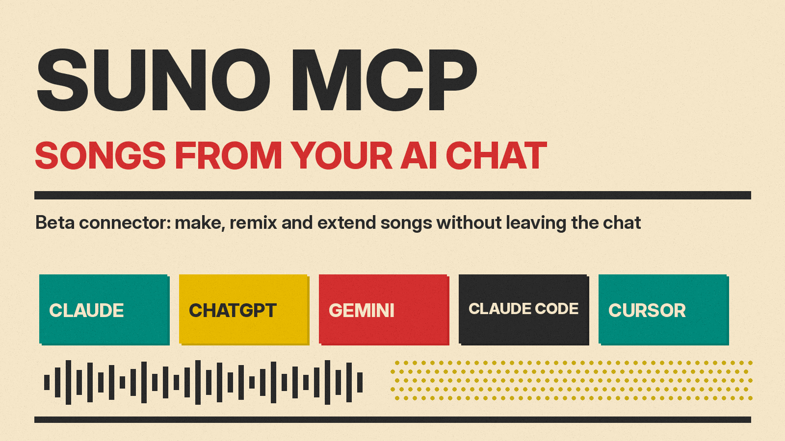 Olivetti-style cover reading Suno MCP, songs from your AI chat, with red, mustard and teal blocks naming Claude, ChatGPT, Gemini, Claude Code and Cursor