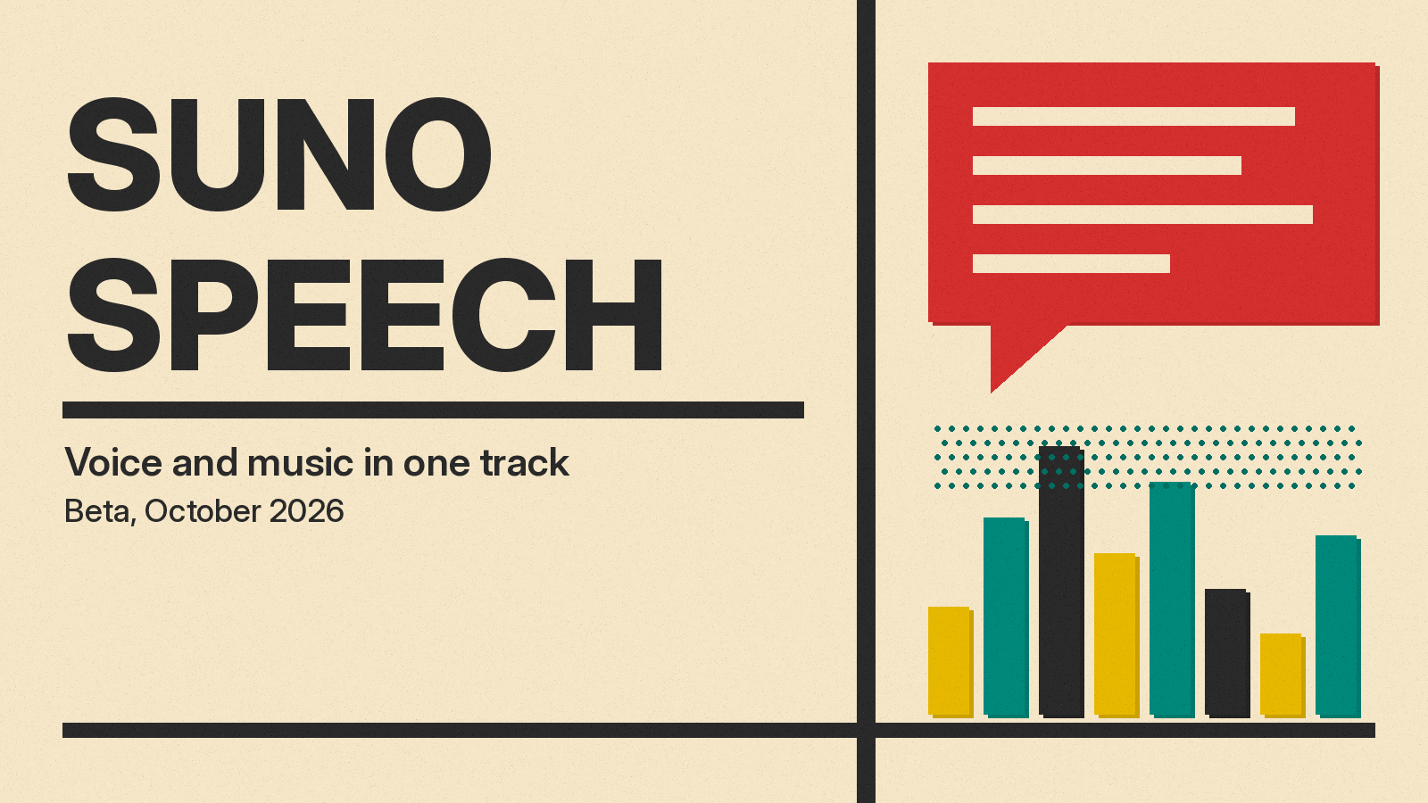 Olivetti-style cover reading Suno Speech, with a speech bubble and sound bars in red, mustard and teal
