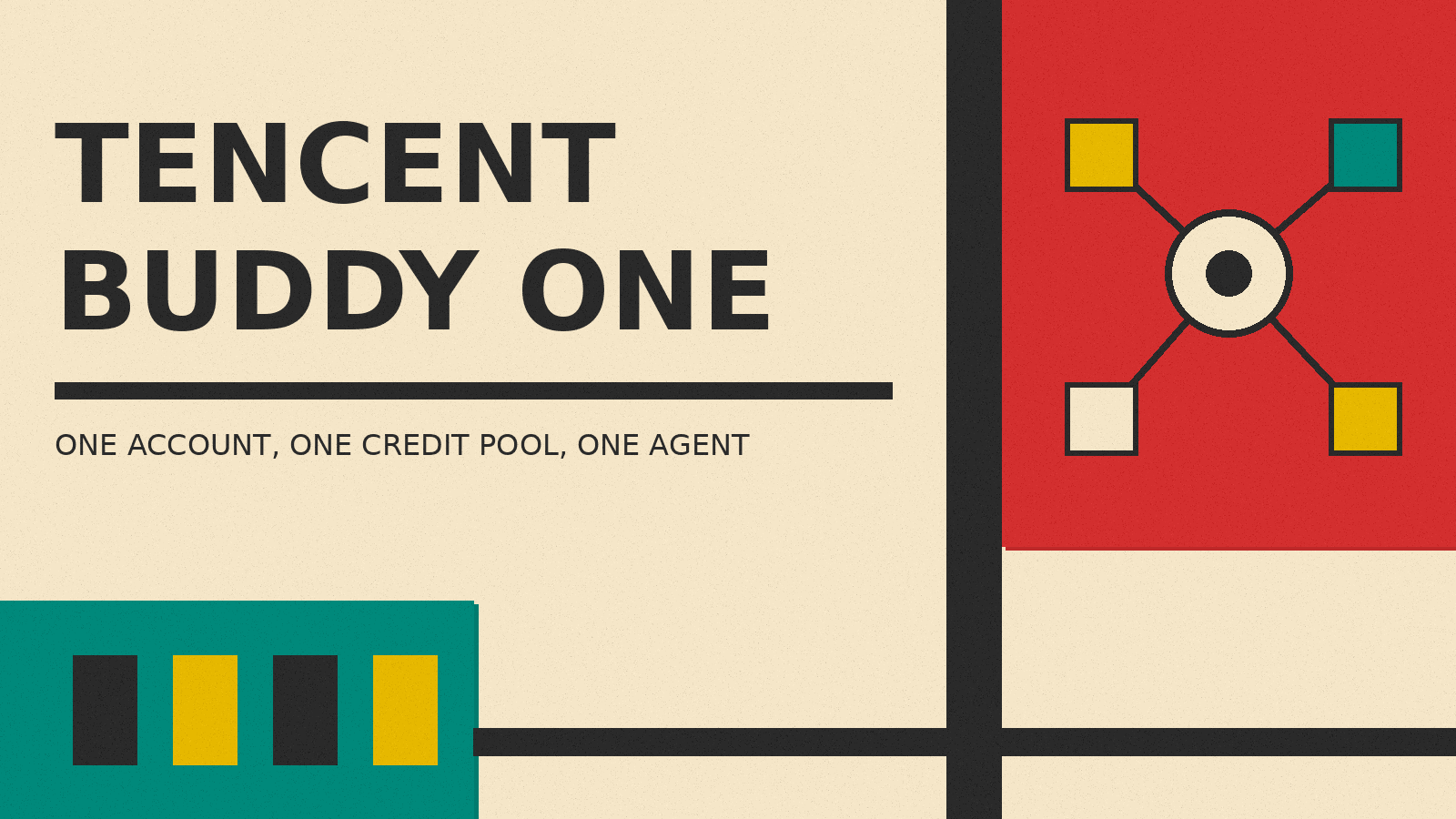 Olivetti-style cover reading TENCENT BUDDY ONE with four app blocks joined to one agent circle on cream paper