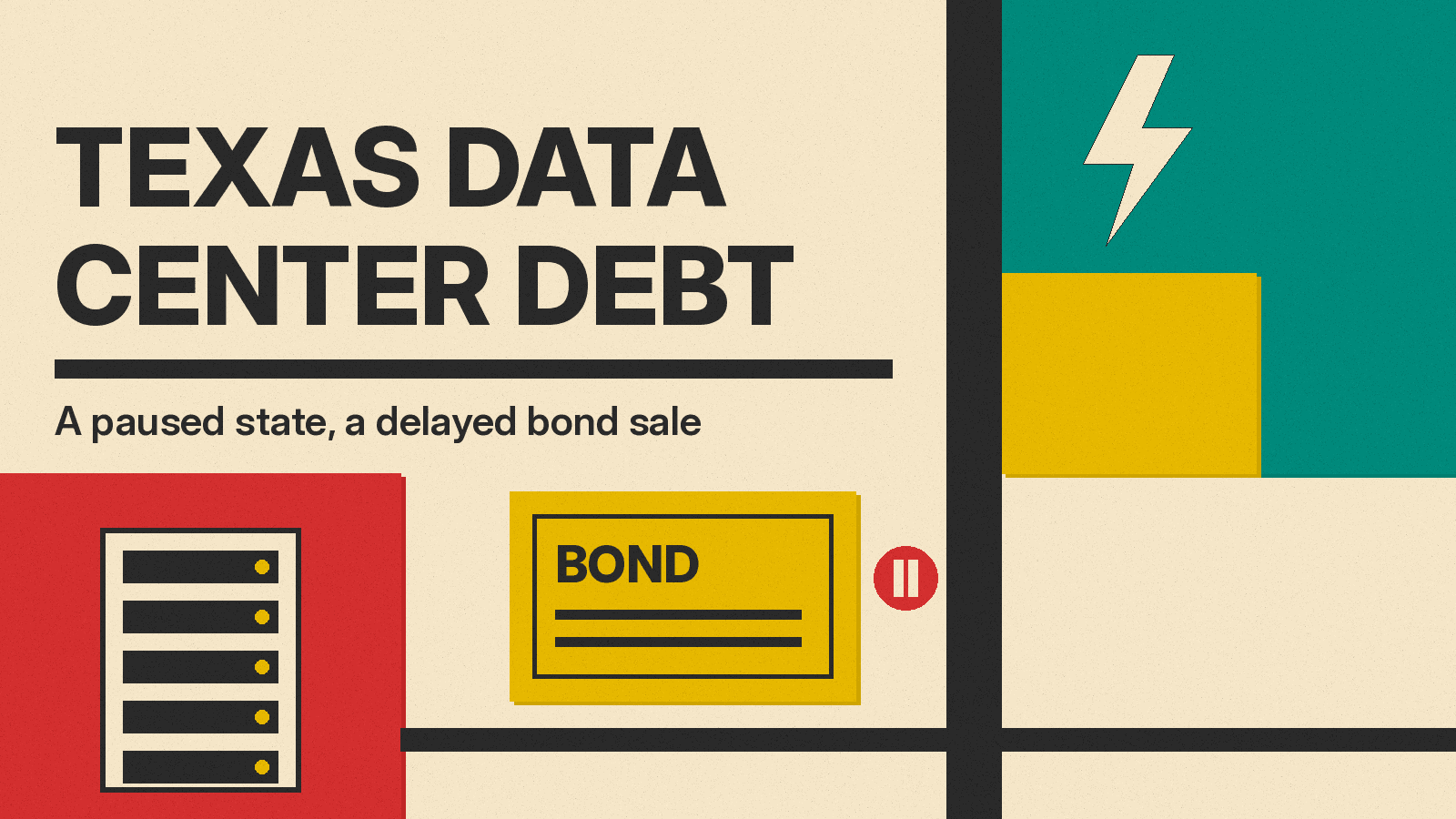 Olivetti-style cover reading Texas Data Center Debt, with a server rack, a paused bond certificate and a power bolt in red, mustard and teal on cream