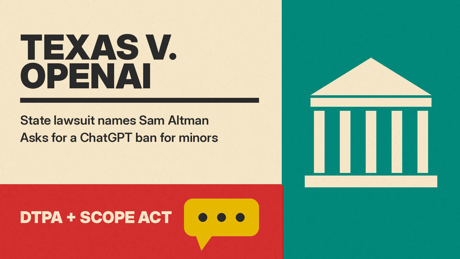 Olivetti-style poster with the title TEXAS V. OPENAI, a courthouse column icon and a chat bubble icon on cream paper