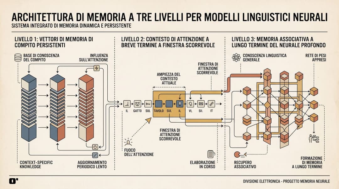 Three-tier memory architecture in Titans: persistent task memory, sliding-window short-term attention, and deep neural long-term memory