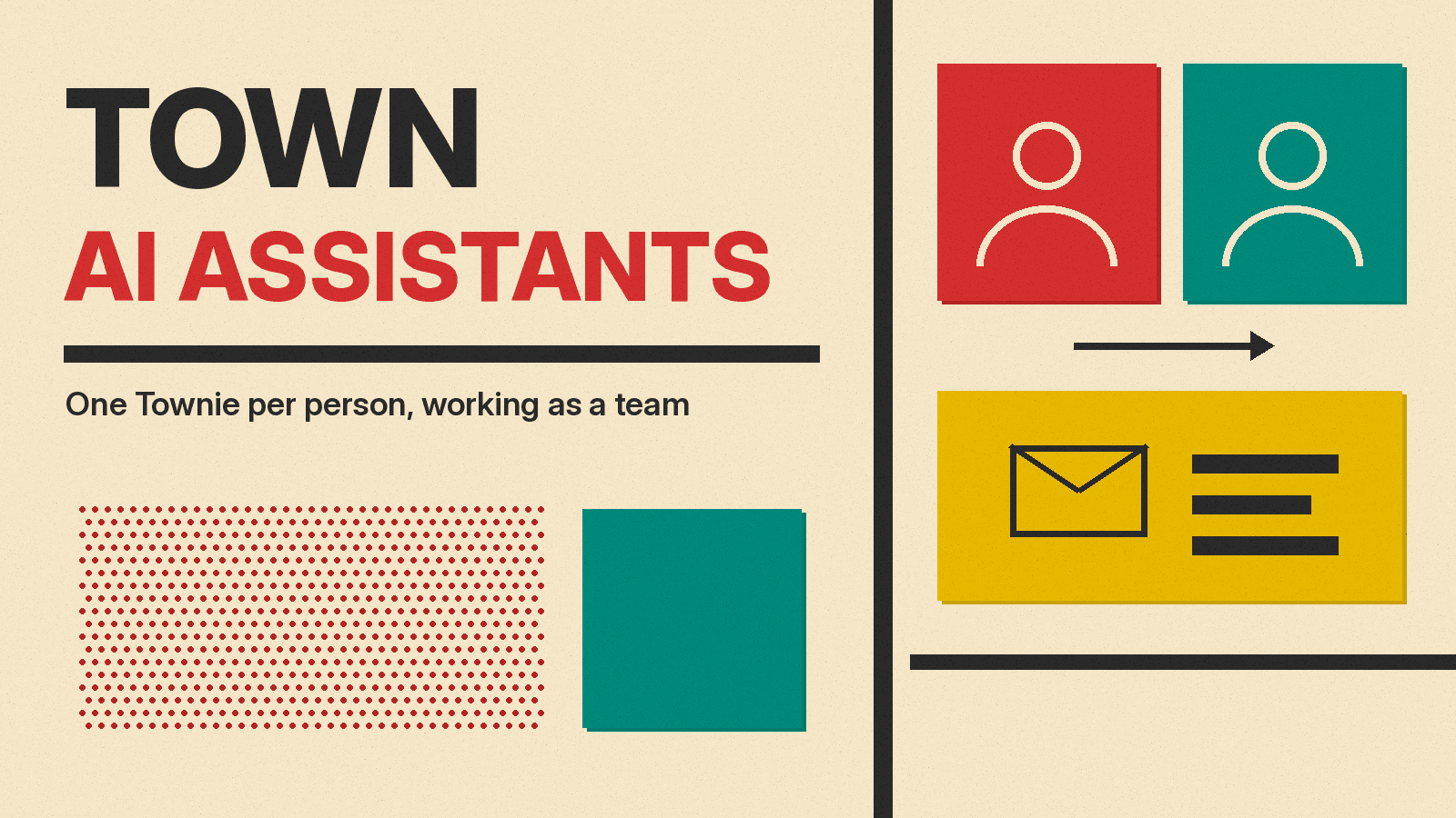 Olivetti-style cover reading TOWN AI ASSISTANTS, with red and teal person icons, an arrow between them and a mustard block holding an envelope icon