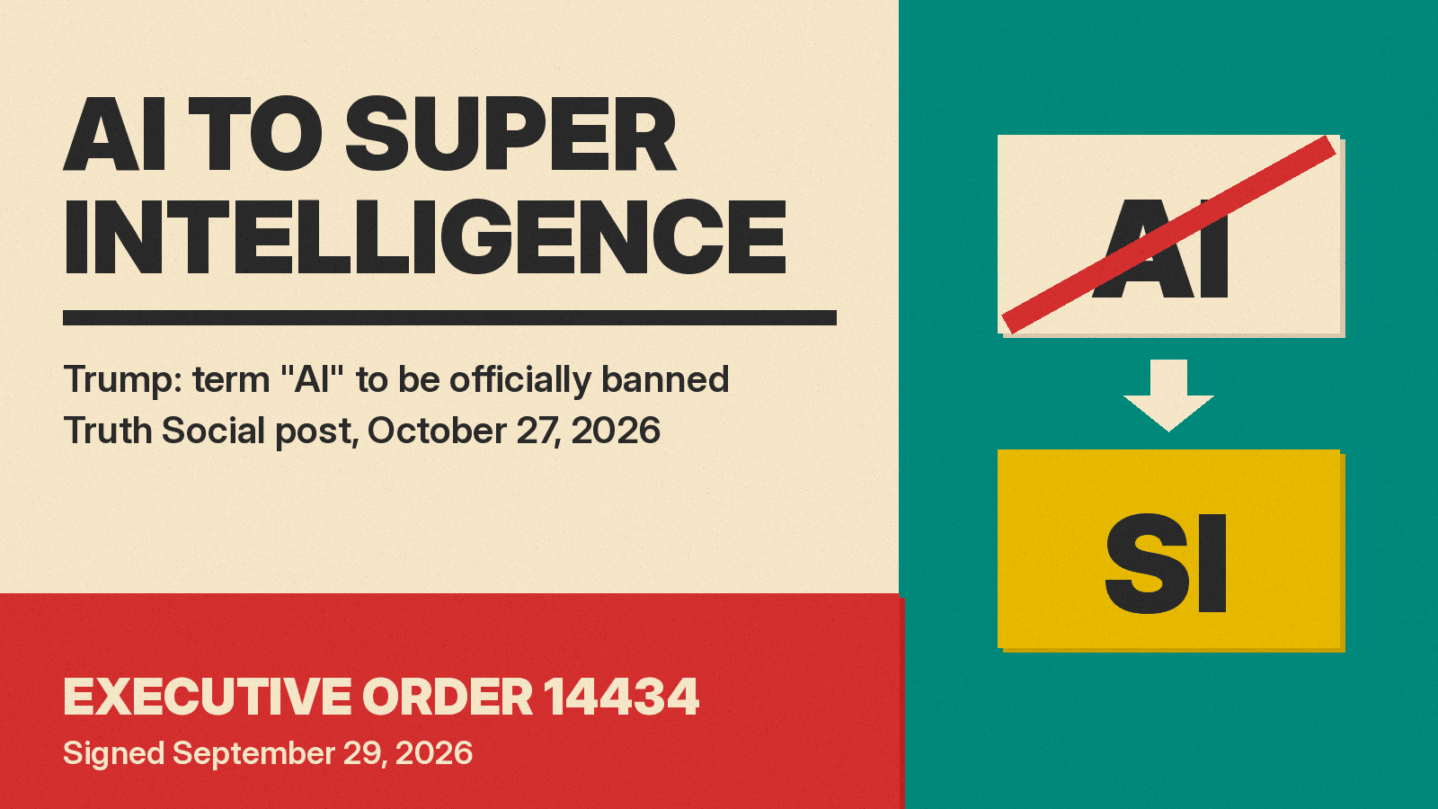 Olivetti-style poster with the title AI TO SUPER INTELLIGENCE, a crossed-out AI block and an SI block on cream paper