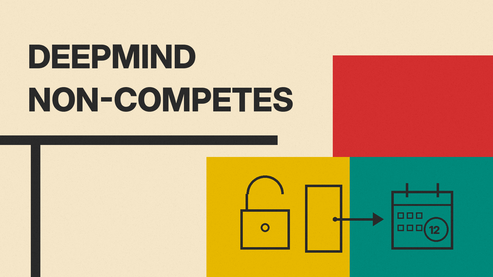 Olivetti-style cover reading DEEPMIND NON-COMPETES on cream paper, with red, mustard and teal blocks and line icons of an open padlock, a door and a calendar marked 12